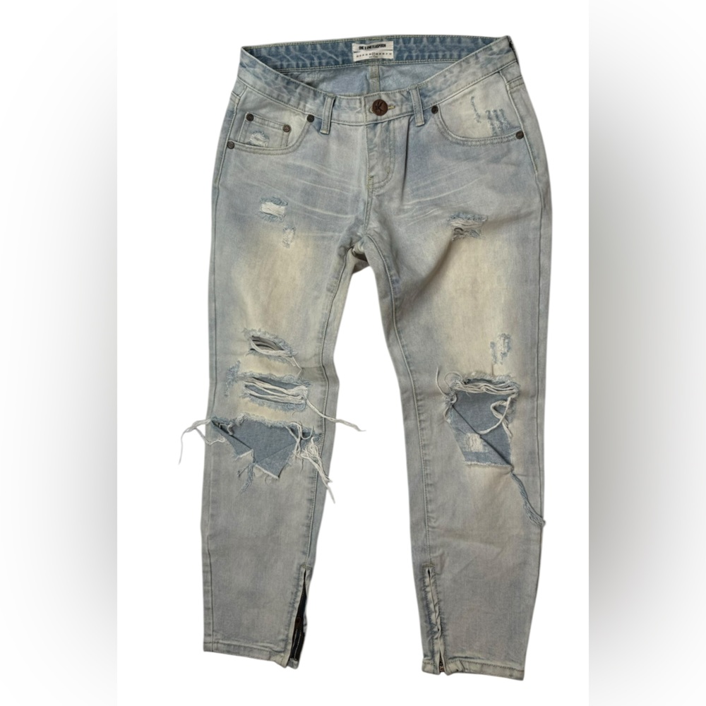 One Teaspoon Light Blue Distressed Cropped Jeans